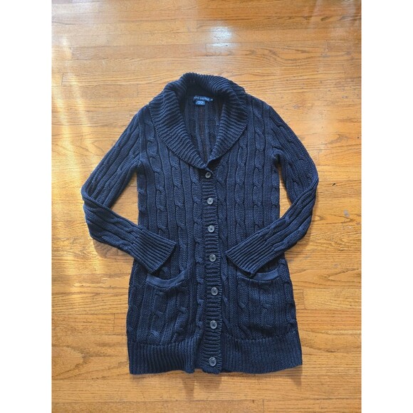 Vtg Ralph Lauren Blue Label Cardigan Sweater Women Medium Blue Linen Cable Knit - Picture 2 of 7